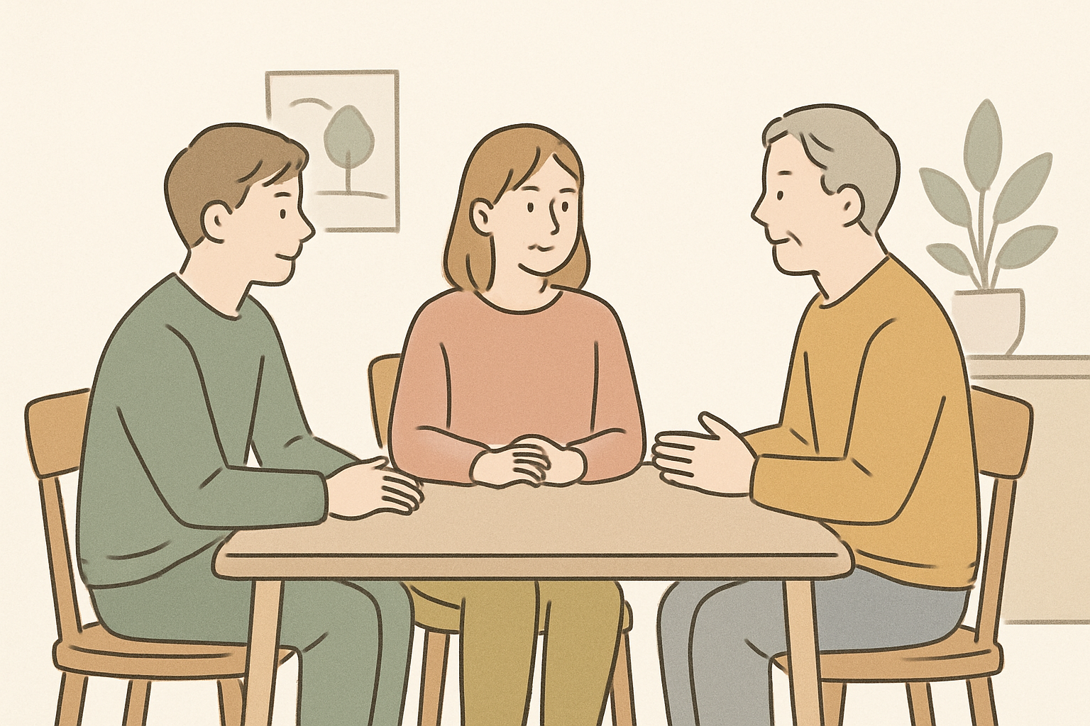 中高生と親がテーブルで向かい合い穏やかに相談している北欧イラスト風のシーン