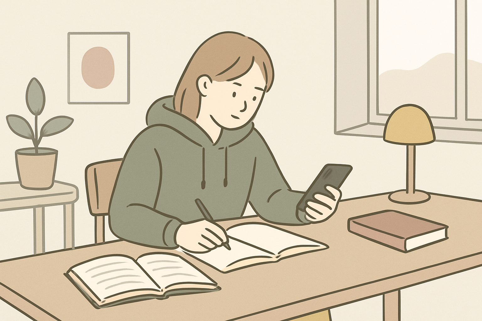 机に向かい計画ノートと参考書とスマホで自宅学習する中高生の北欧イラスト風シーン