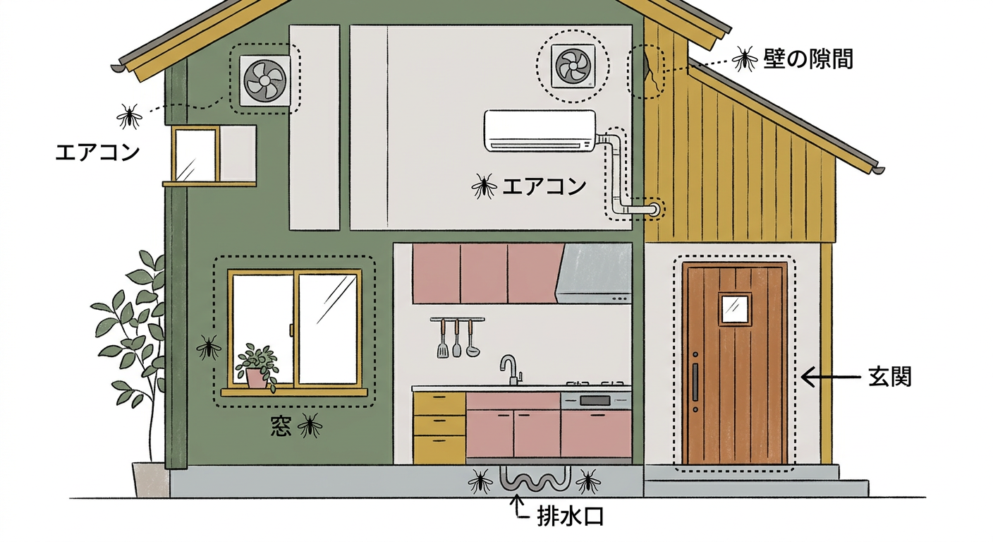 家の中で蚊が入りやすい6つの場所(玄関・窓・換気扇・エアコン・排水口・壁の隙間)を示した北欧イラスト風の住まいの断面図
