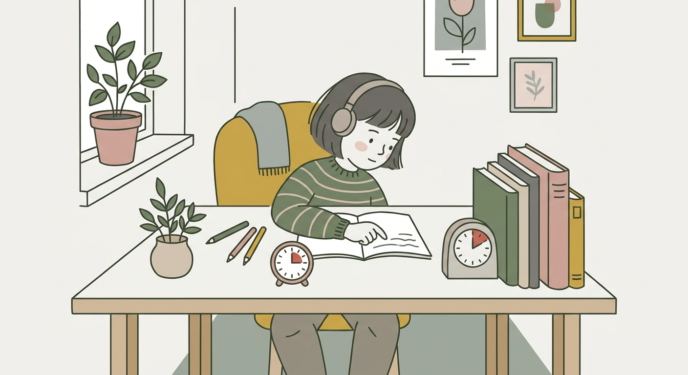 勉強机の上でキッチンタイマーをセットして集中する小学生のイメージ