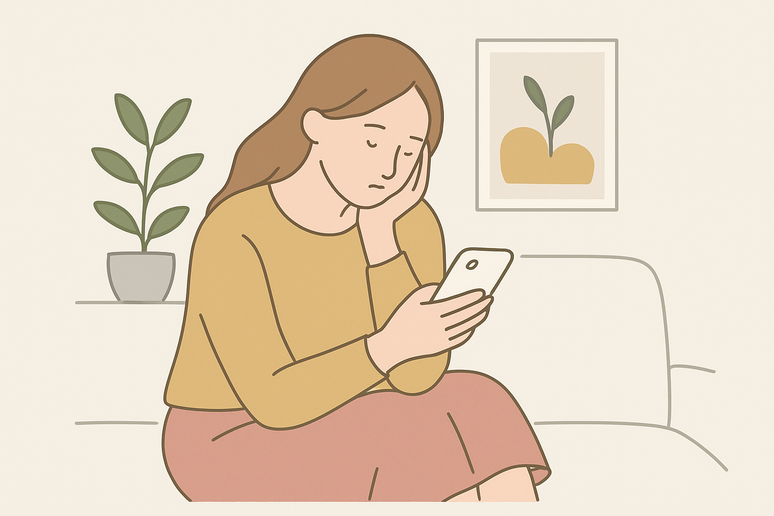 スマホでSNSを見ながら少し物思いにふけるママのイメージ