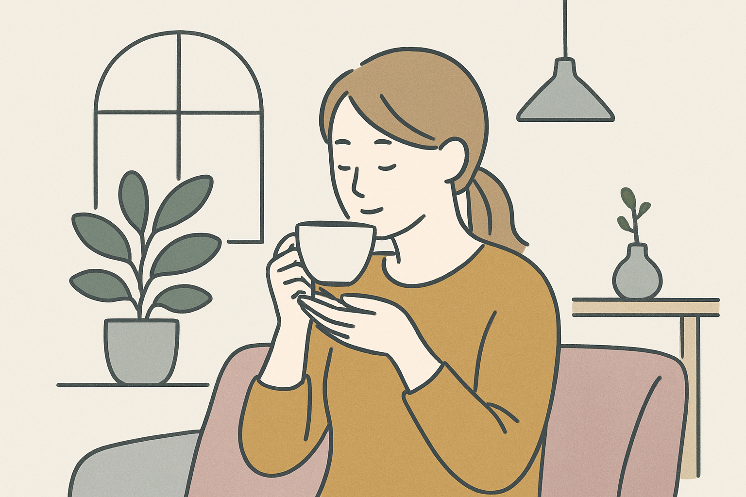 お茶を飲みながら穏やかにひと息つくママの自分時間のイメージ