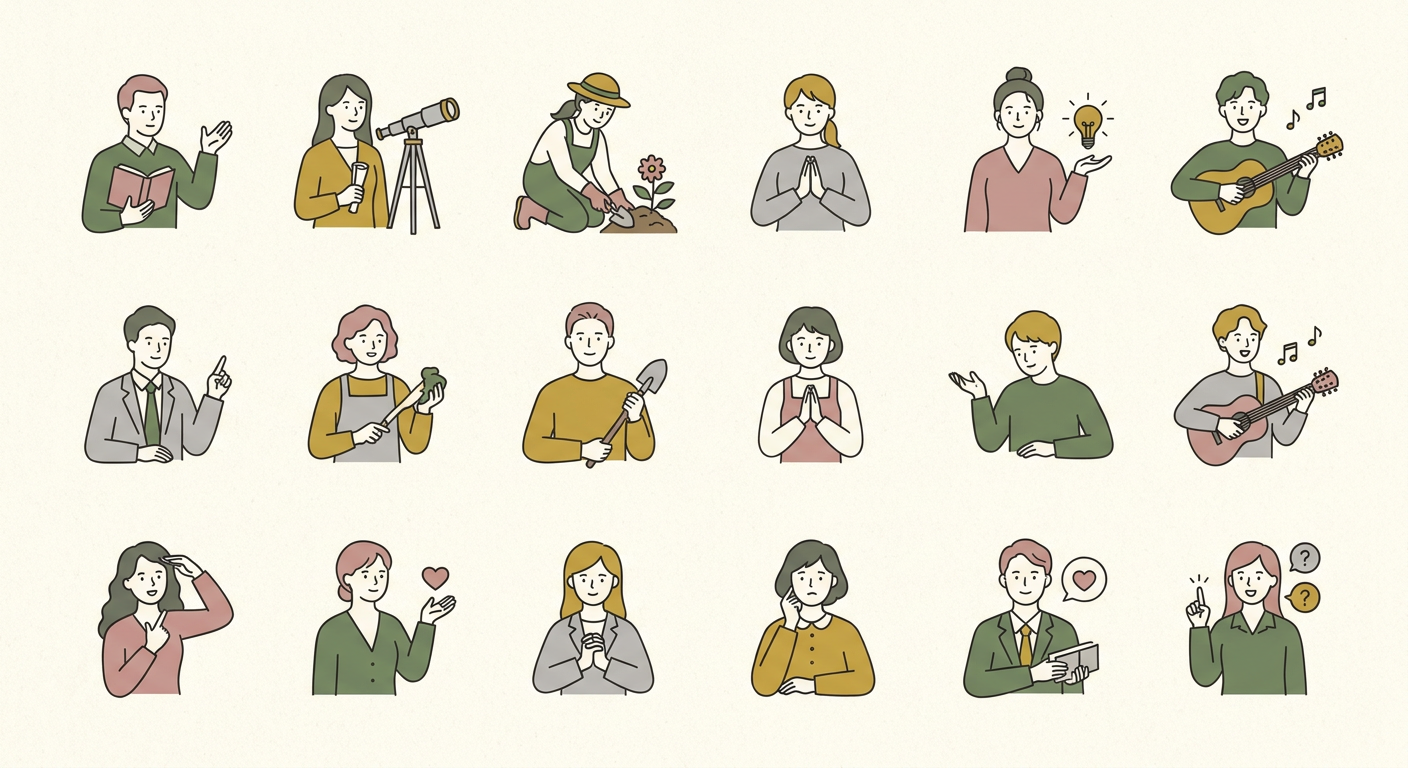 MBTIの16タイプをイメージした北欧イラスト風の人物アイコン