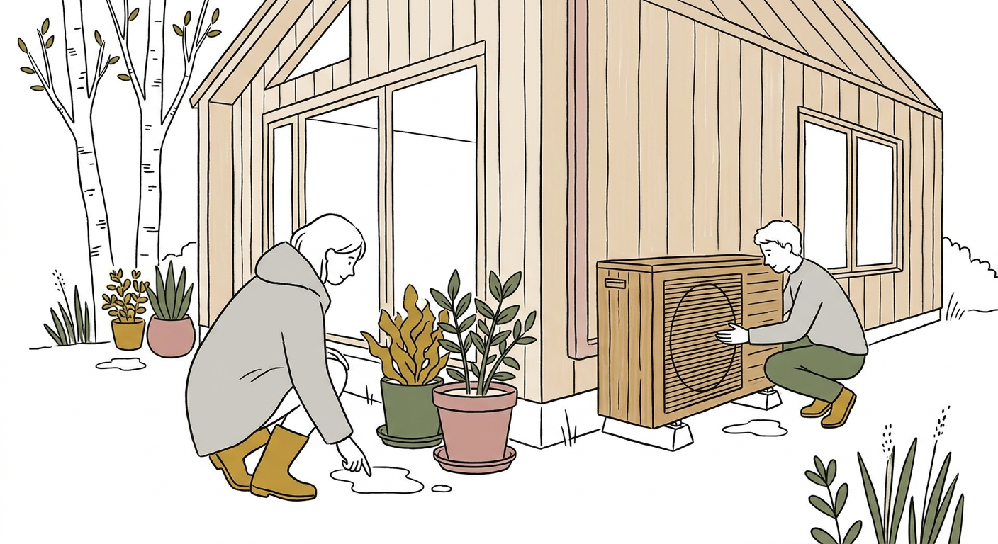 植木鉢の受け皿や室外機まわりなど家の周りの水たまりをチェックする様子を描いた北欧イラスト風の図