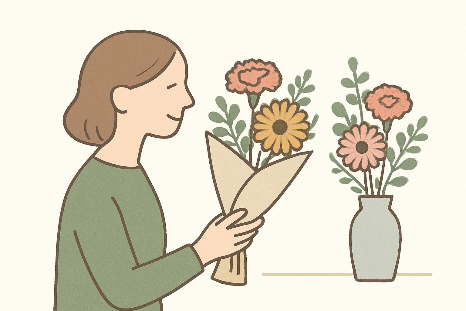 母の日の花束を選ぶイメージ。北欧イラスト風でカーネーションやガーベラの花束