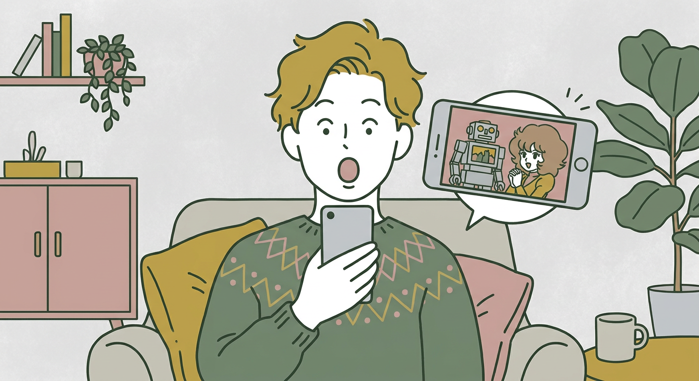 スマホで懐かしのアニメを見て驚く人のイメージ(北欧イラスト風)