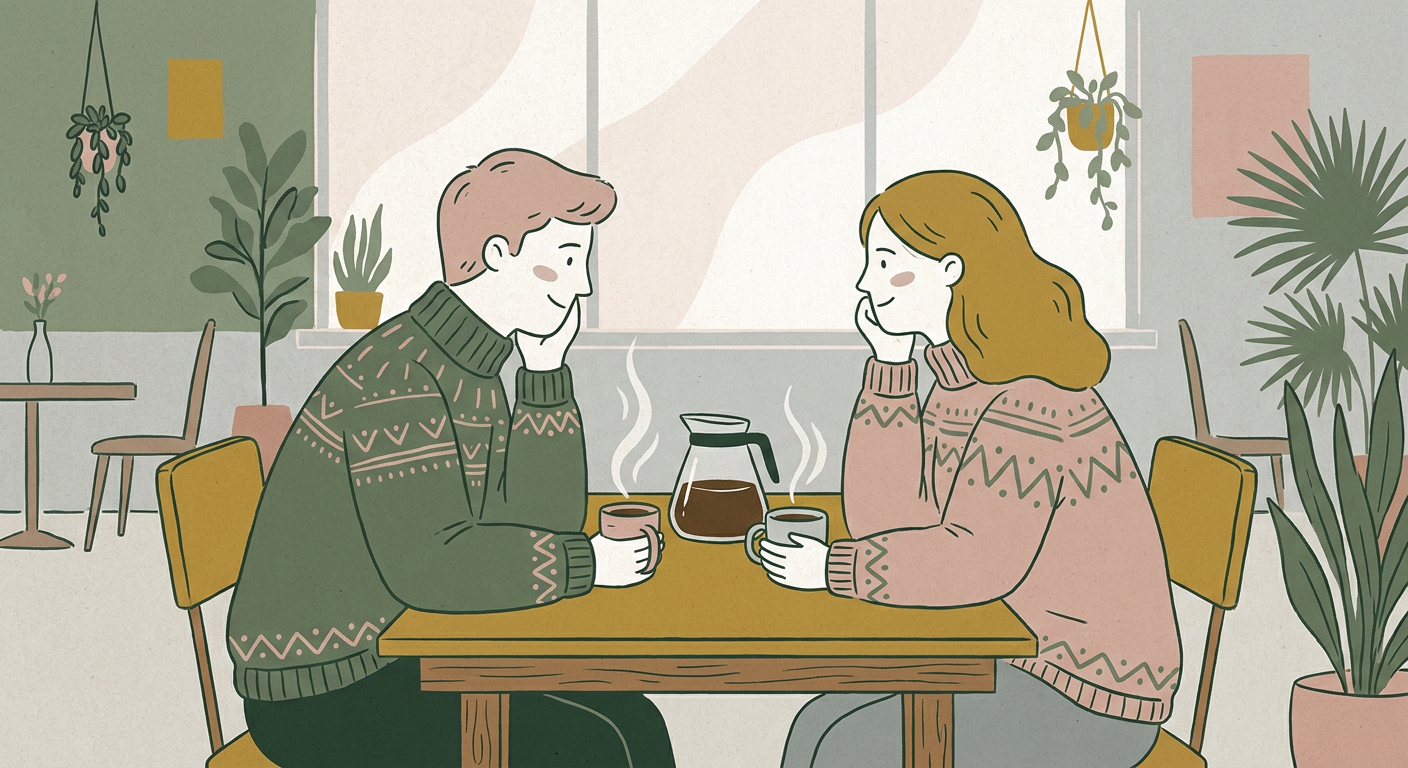 カフェで二人が向かい合って笑顔で会話している北欧イラスト風のシーン、距離が縮まる雰囲気