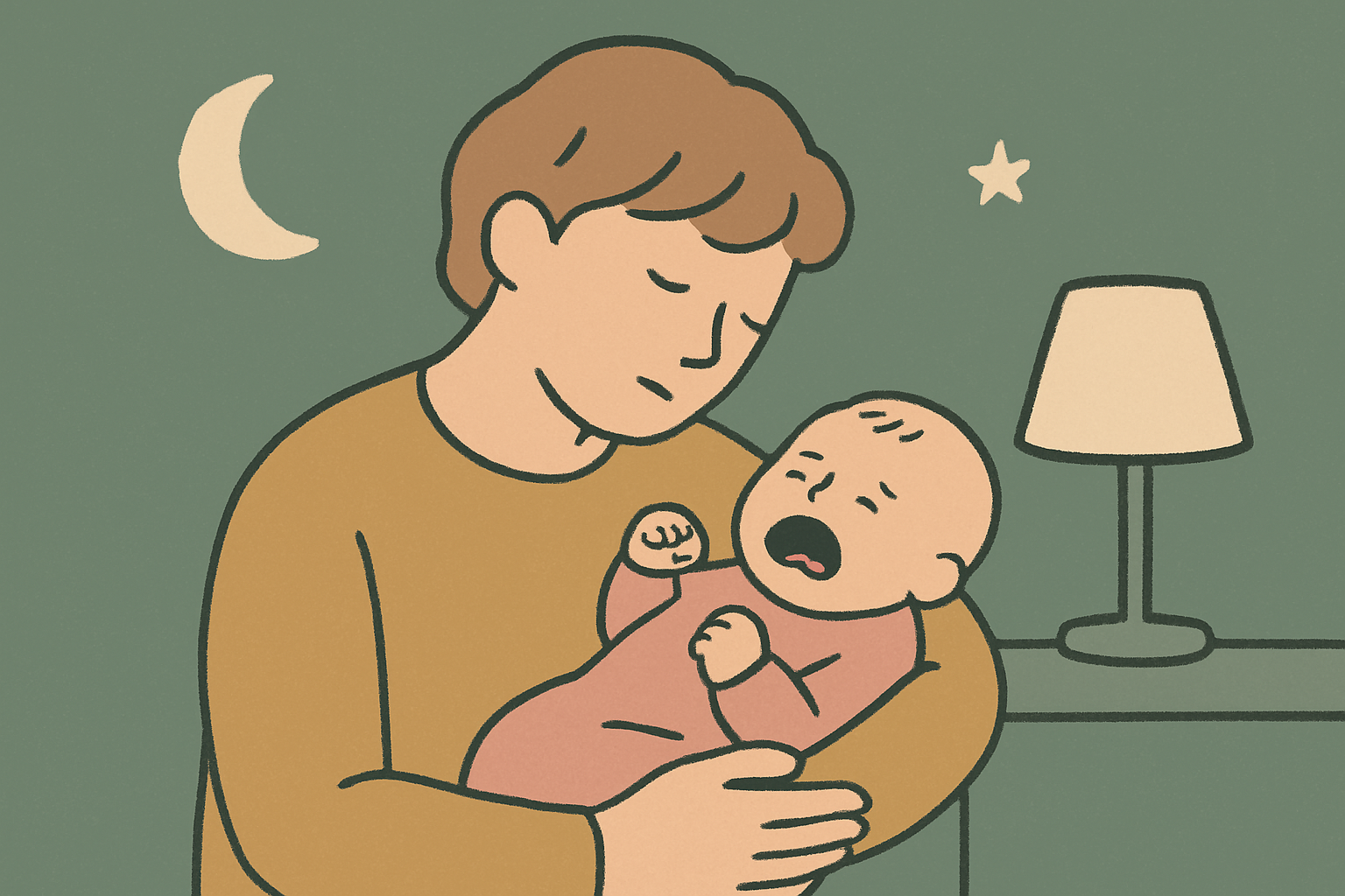 夜に泣いている新生児をあやす親のイメージ（北欧イラスト風・くすみカラー）