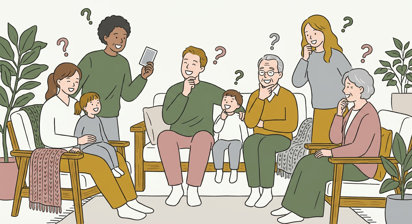 家族や友人が集まってクイズを出し合い、笑顔で考えているイメージ