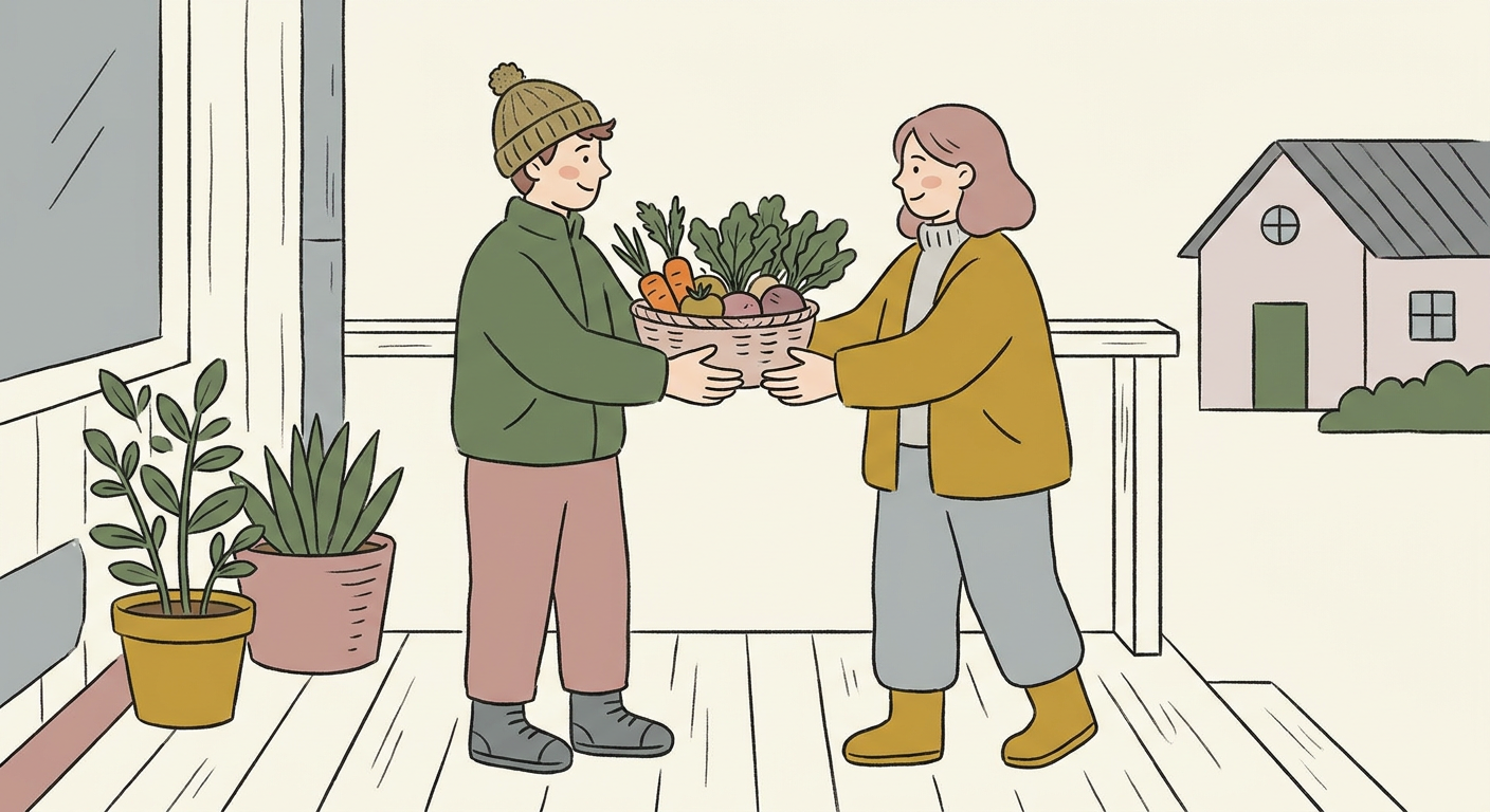 ご近所さんから採れたて野菜を笑顔で受け取る人のイメージ。北欧イラスト風
