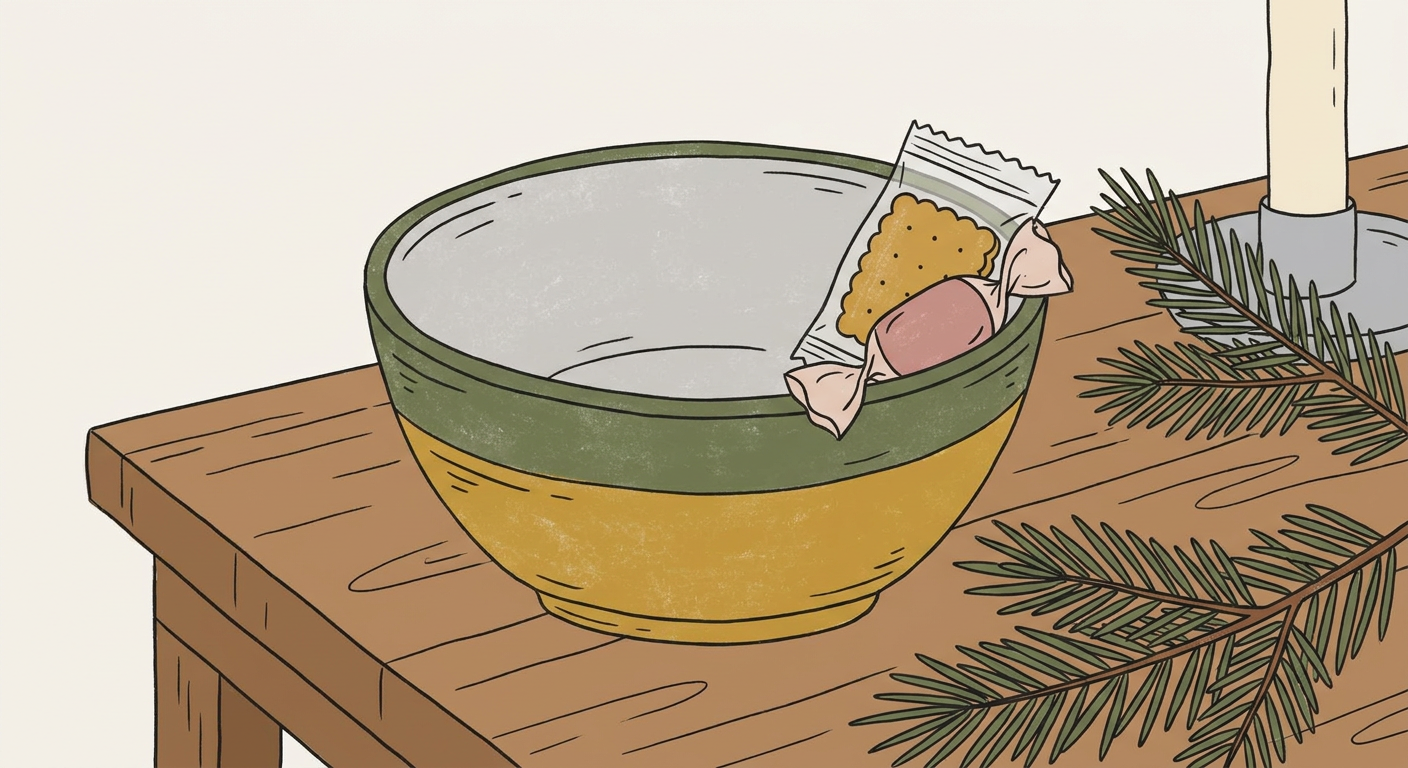 おすそ分けの器に個包装の小さなお菓子をちょこんと添えて返すイメージ。北欧イラスト風