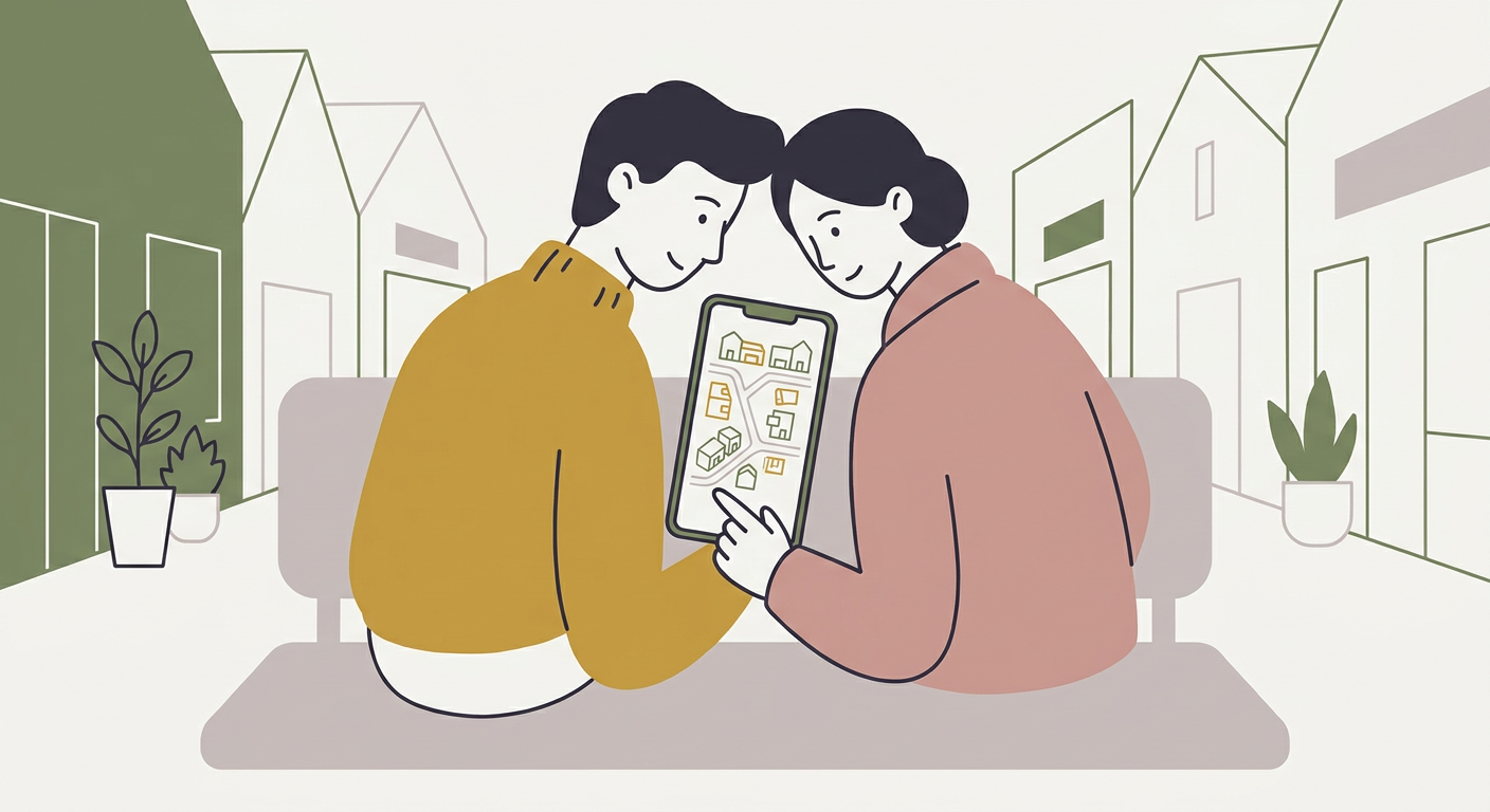 スマホでアウトレットのフロアマップを二人で見ながらデートの計画を立てるイメージ