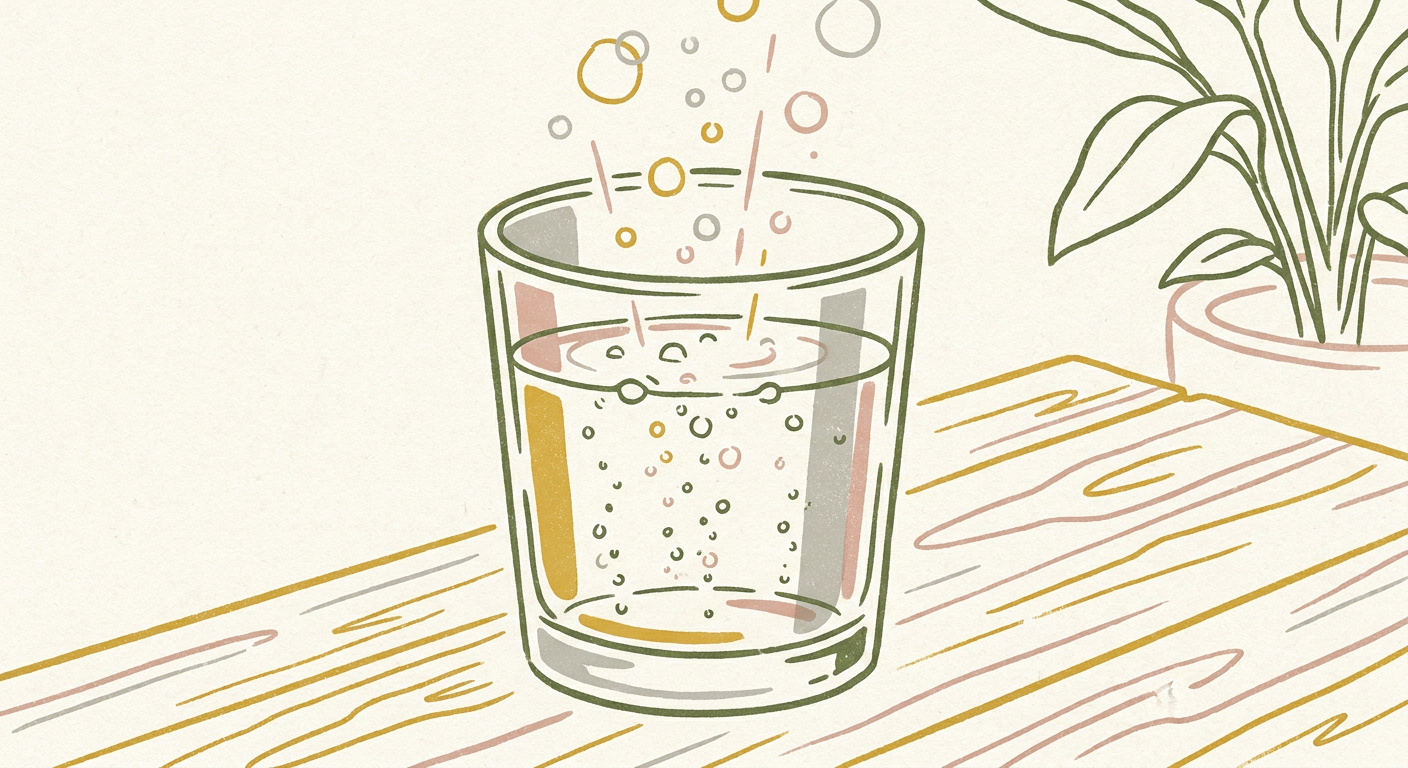 透明なグラスに注がれた強炭酸水と立ちのぼる細かい泡のイメージ