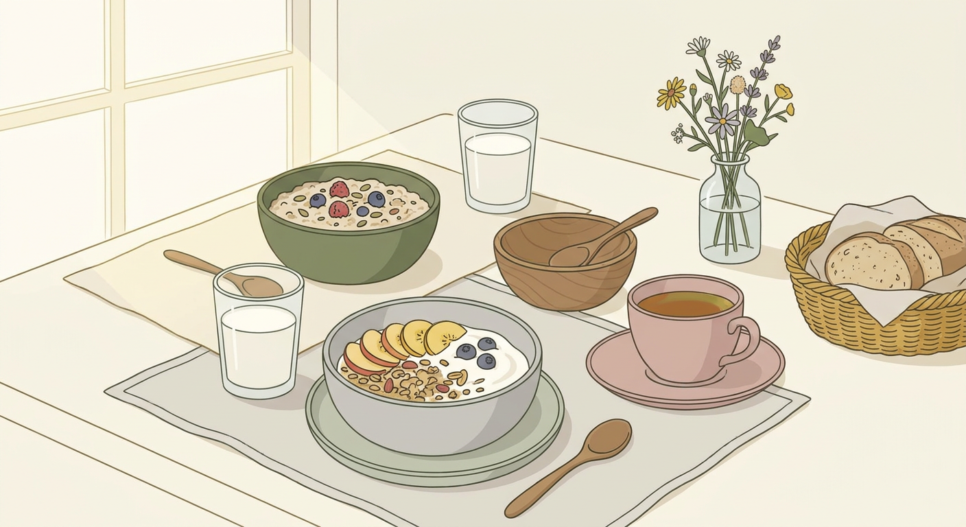 オートミールとフルーツ・ヨーグルトなど消化に優しい朝食が並んだテーブル。北欧イラスト風、シンプル線画にくすみカラー、清潔感と温かみのある雰囲気