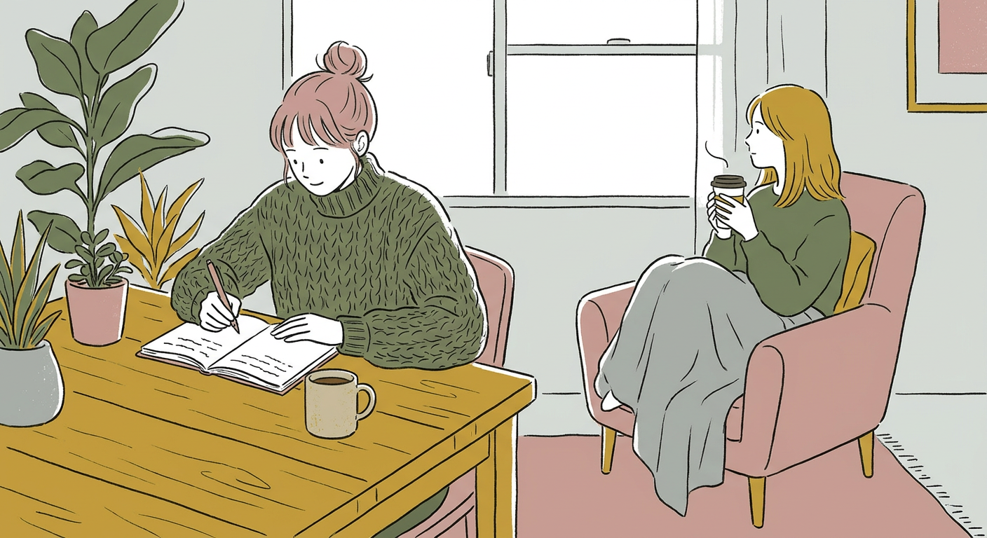 ノートに書き込んだり、コーヒーを片手にリラックスしている人のイメージ