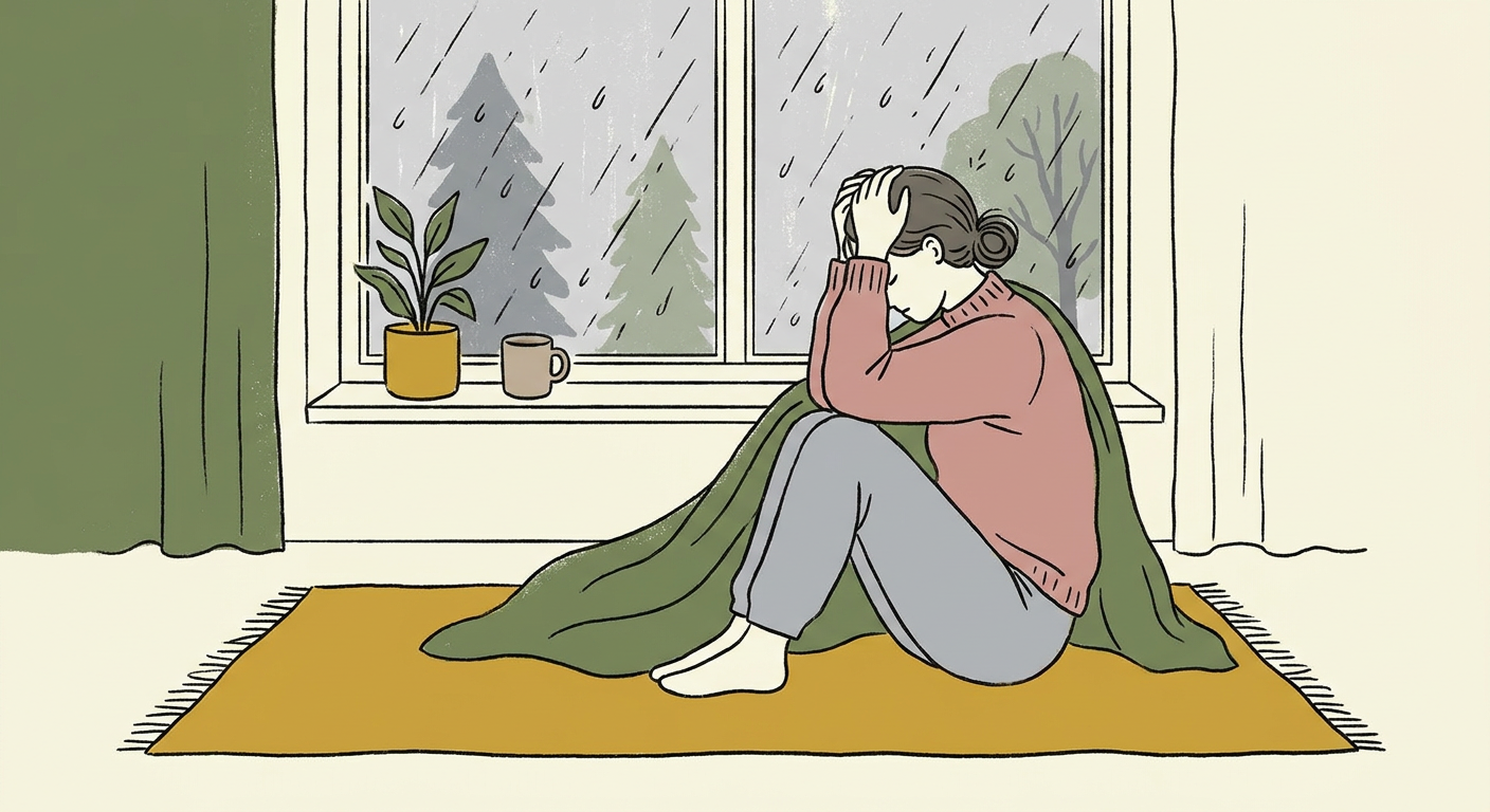 雨の窓辺で頭を押さえる人のイメージ（北欧イラスト風・くすみカラー）