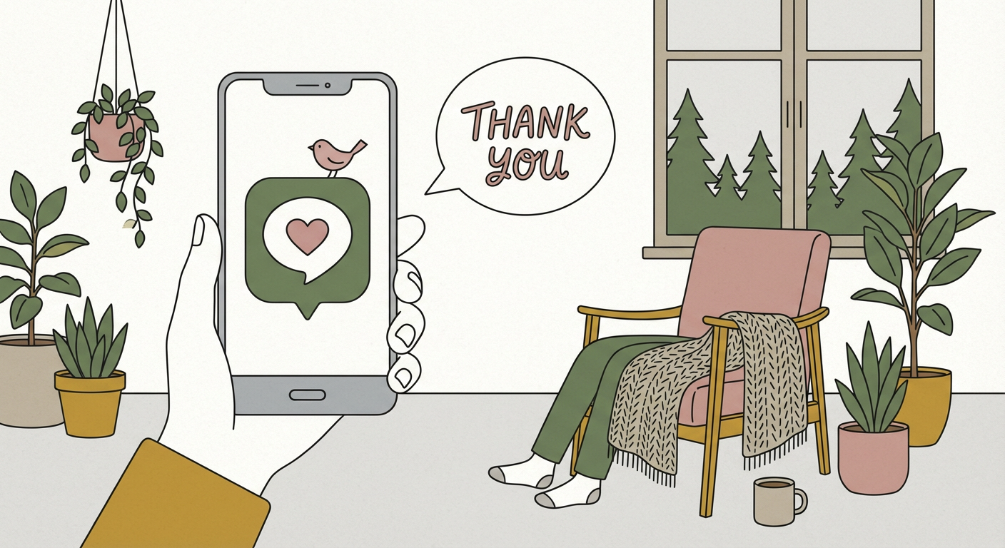 LINEでお礼メッセージを送るイメージのイラスト（北欧イラスト風、スマホとふきだし）