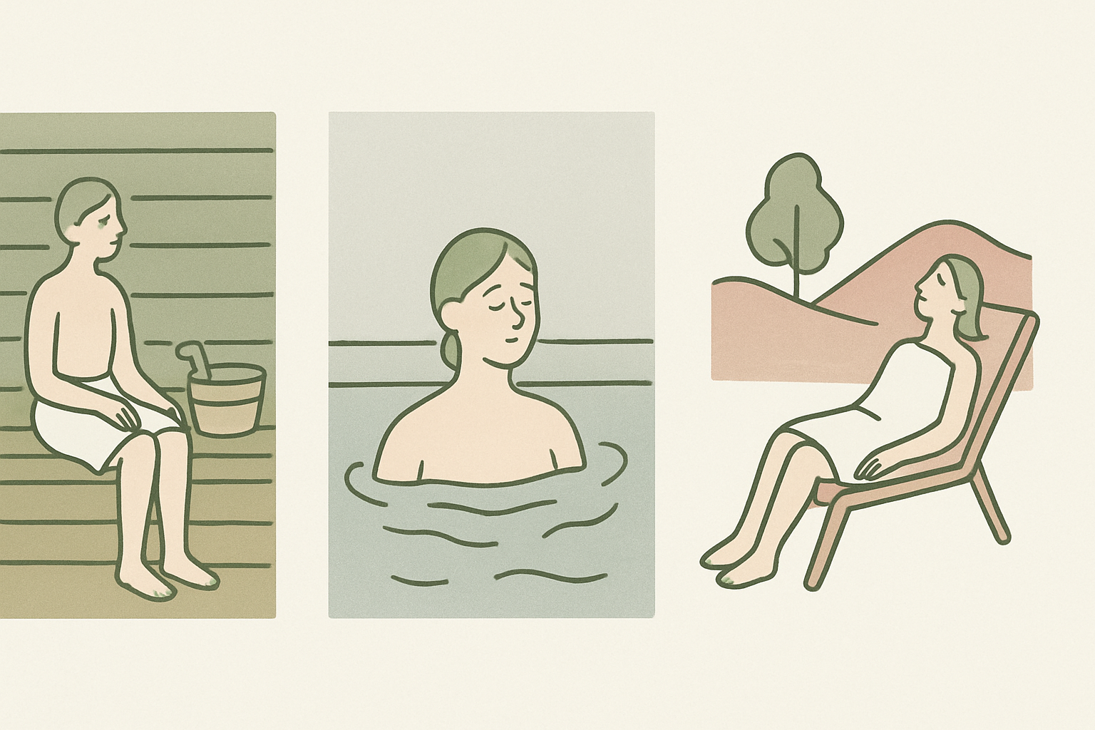 サウナ室・水風呂・外気浴の3ステップを北欧イラスト風（シンプルな線画とくすみカラー）で並べた温冷交代浴のイメージ図
