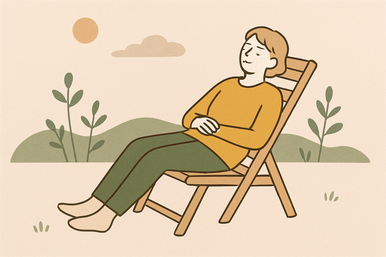 外気浴の椅子でゆったりリラックスする人を北欧イラスト風（シンプルな線画とモスグリーンやマスタードのくすみカラー）で描いた温かみのあるイメージ