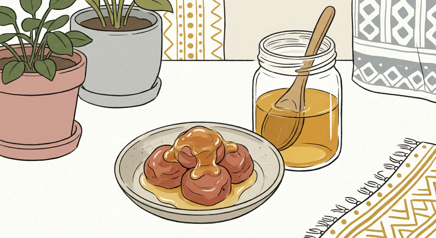 小皿に盛ったはちみつ梅とはちみつの瓶。北欧イラスト風、温かみのあるくすみカラー
