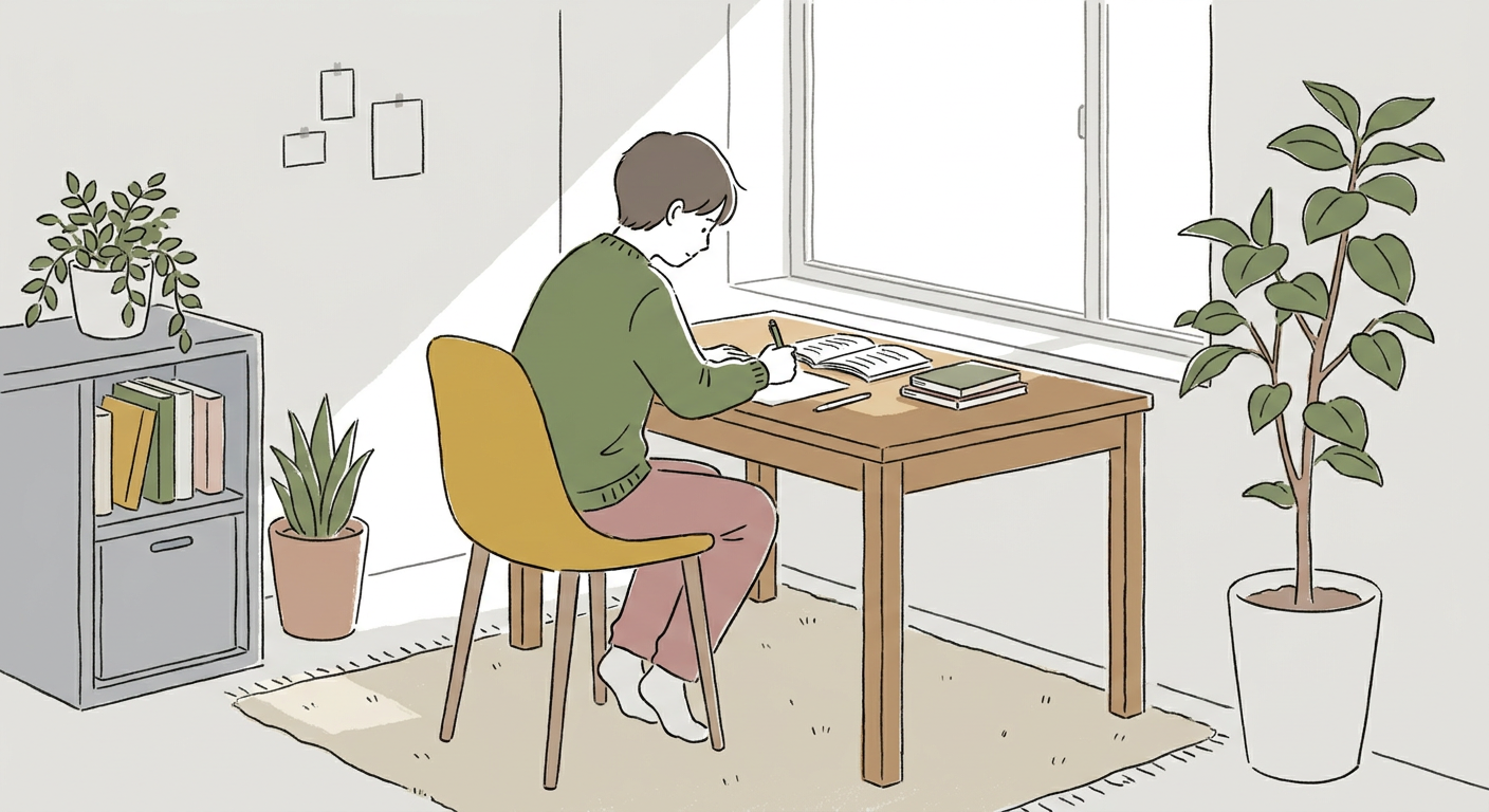 机に向かって勉強する中学生のイメージ、北欧イラスト風でくすみカラー