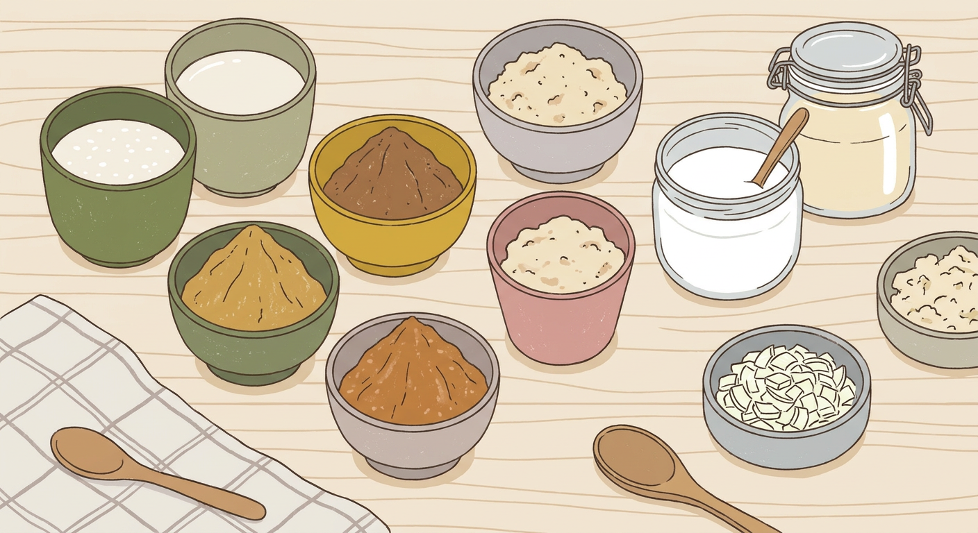 甘酒・味噌・ヨーグルト・酒粕・玉ねぎなど塩麹の代用食材が並んだ俯瞰イラスト。北欧イラスト風、くすみカラー