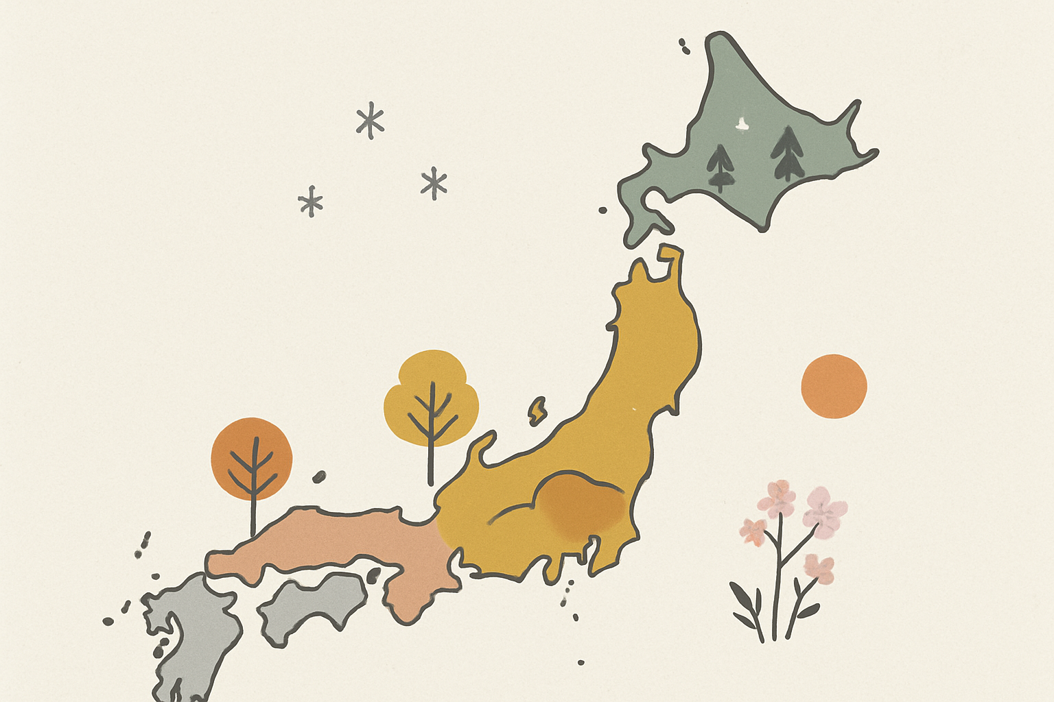 日本地図のイメージ（北と南で季節感が違う様子の北欧イラスト風）