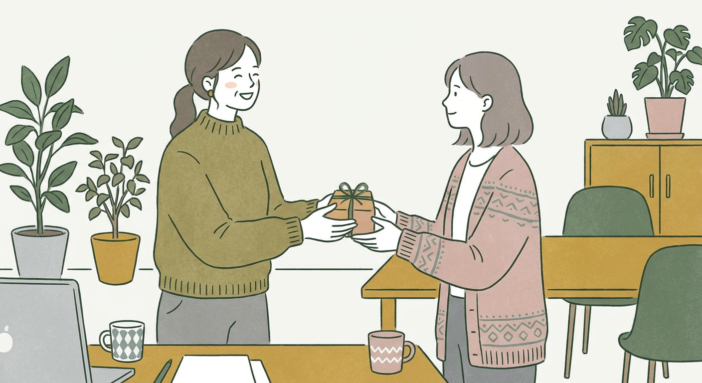 職場の同僚に感謝の言葉を伝えながら小さなプチギフトを手渡す女性。温かく和やかな雰囲気