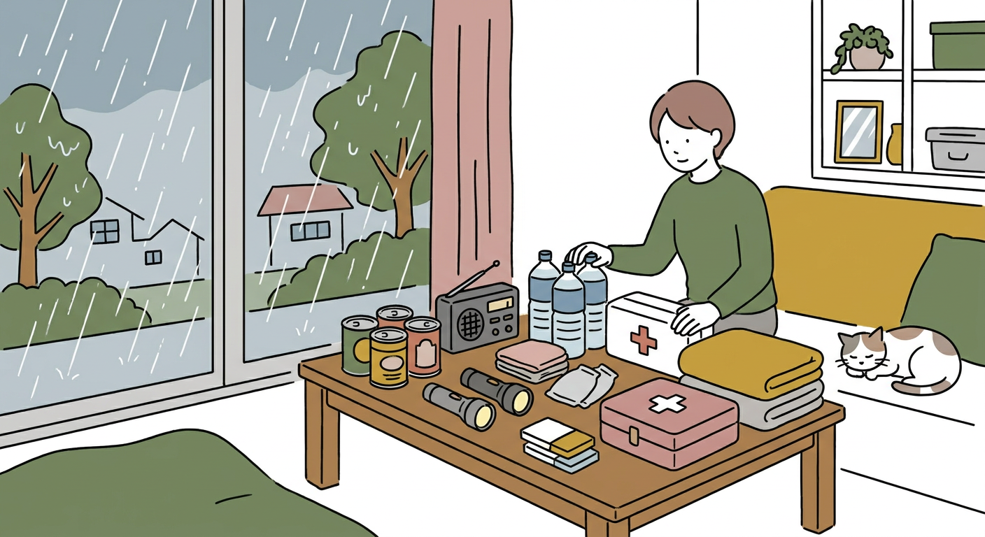窓の外に雨が降る中、室内で防災備蓄品を点検しているイメージ