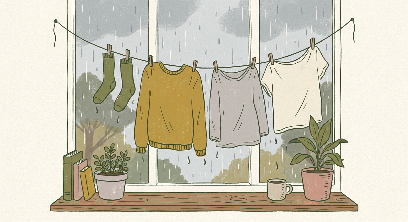 雨の窓辺に干された乾かない洗濯物のイメージ(北欧イラスト風・くすみカラー)