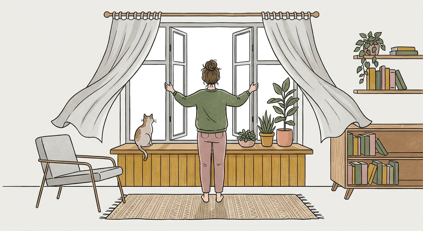 窓を開けて換気する室内のイメージ(北欧イラスト風・くすみカラー)