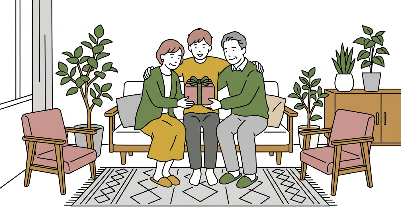 大学に入学する子どもへ親がプレゼントを渡しているあたたかい家庭のシーン