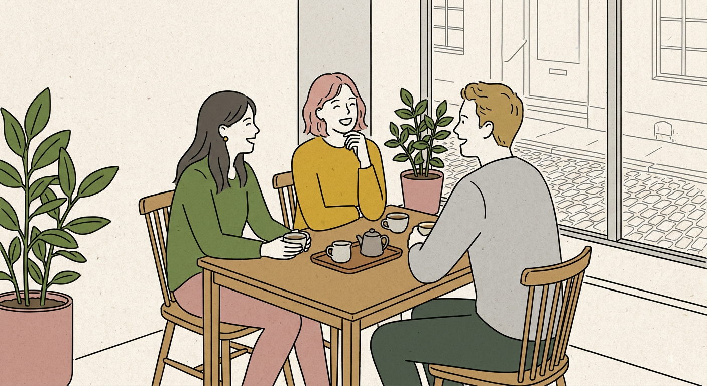 友人同士がカフェで笑顔で会話している温かいシーン。北欧イラスト風、シンプルな線画、モスグリーンとマスタードのくすみカラー、おしゃれで温かみのある雰囲気