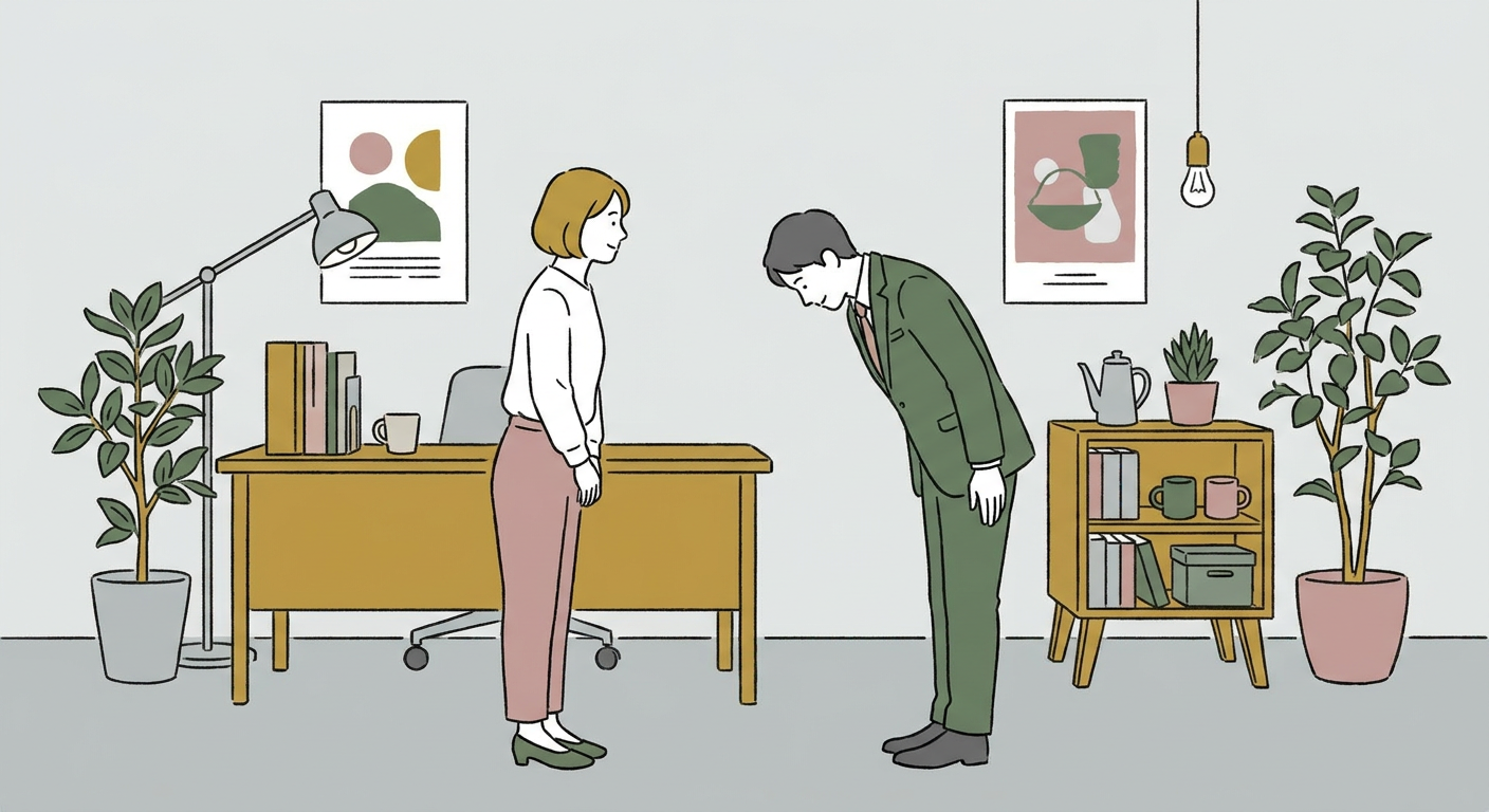 オフィスでビジネスパーソンが丁寧にお辞儀をして感謝を伝えているシーン。北欧イラスト風、シンプルな線画、モスグリーンとマスタードのくすみカラー、落ち着いて知的な雰囲気