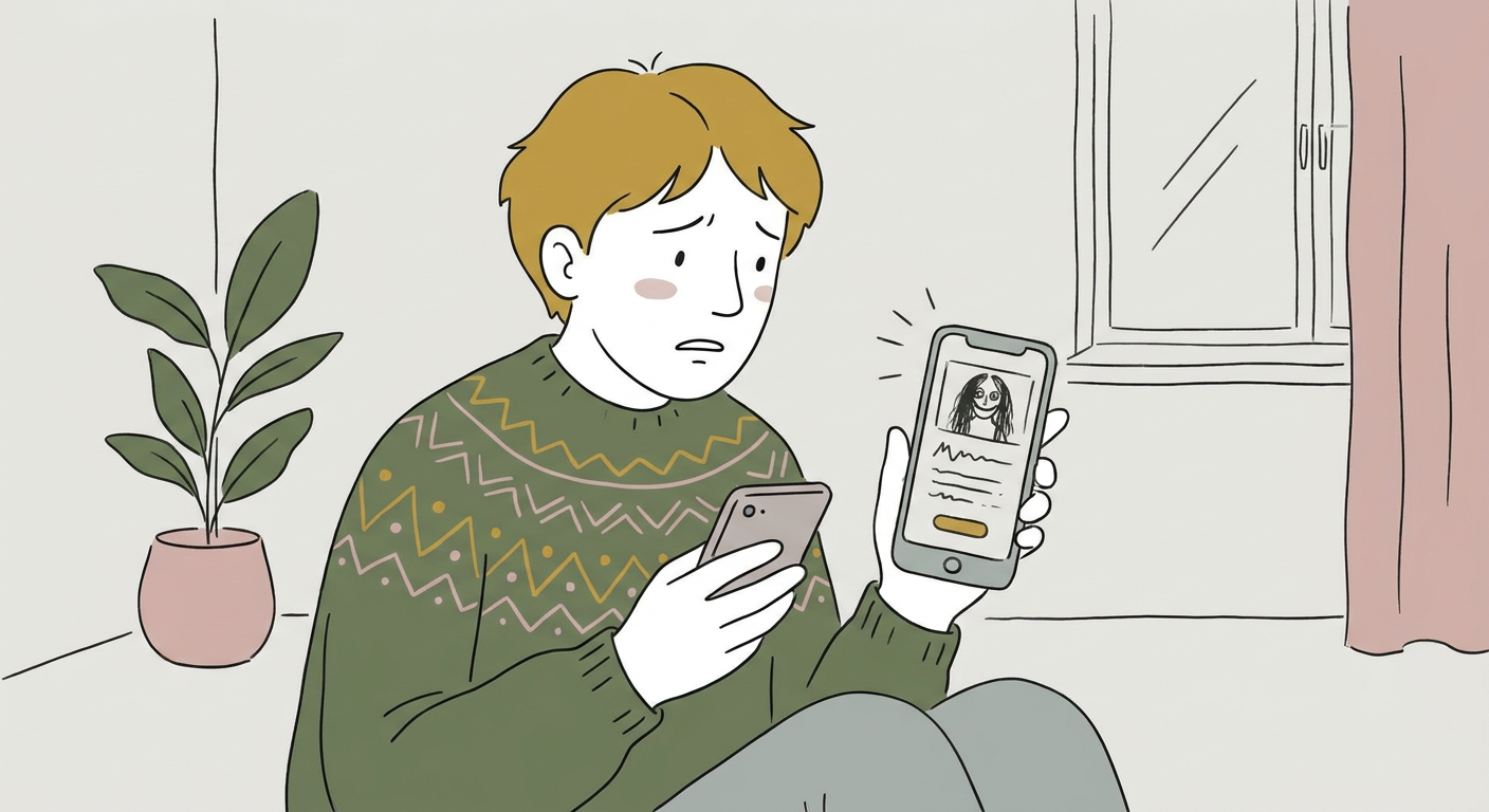 スマホで怪しい求人広告を見て不安そうにする若者のイメージ