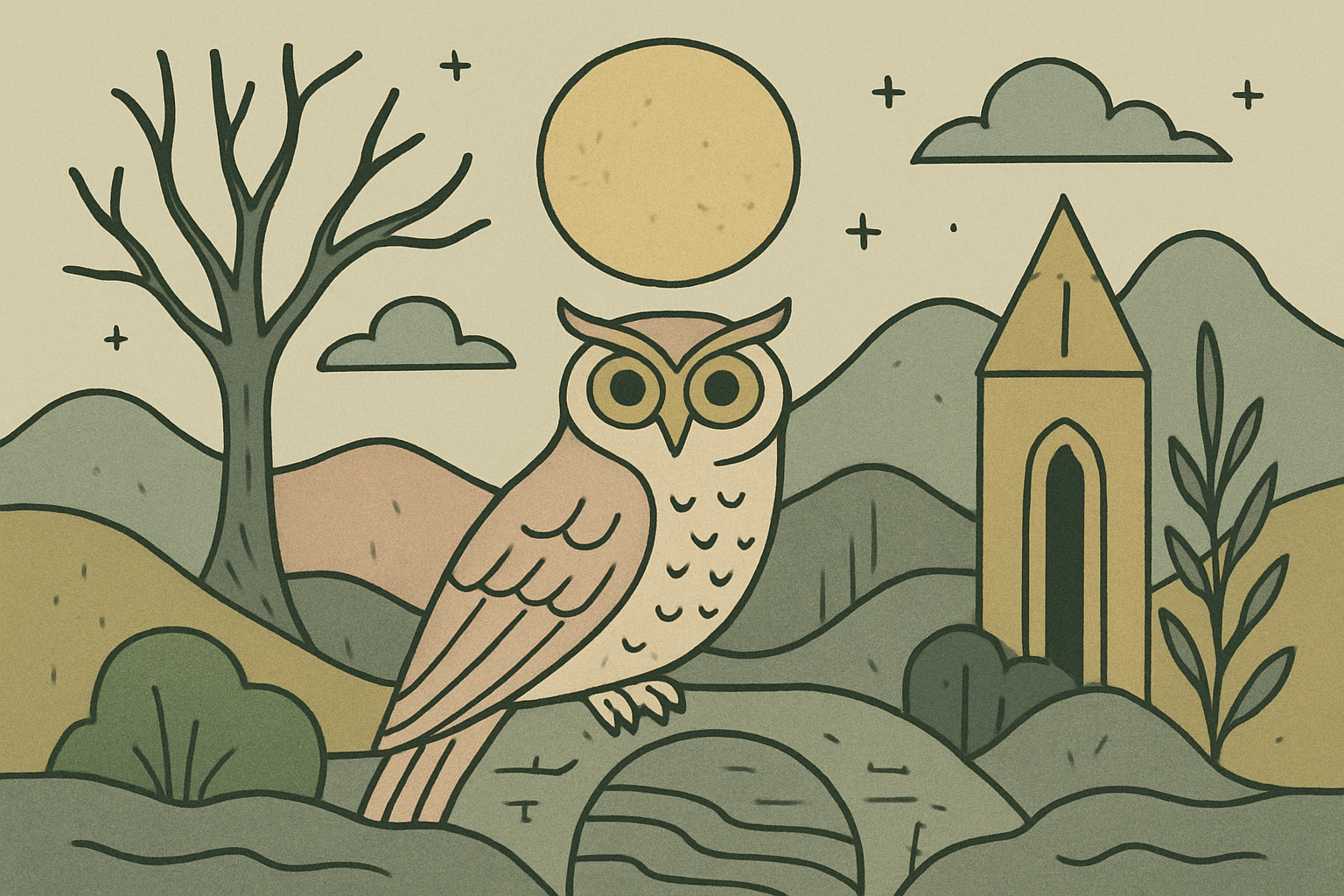 冥界とミミズクをイメージした幻想的なイラスト