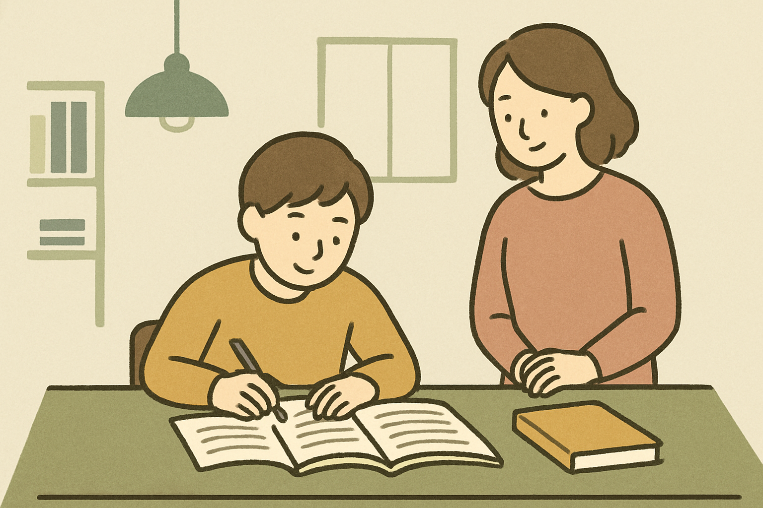 塾の自習スペースで勉強する中学生と、そばで見守る保護者。教科書とノートを机に広げた温かい学びのシーン。北欧イラスト風、くすみカラー、シンプルな線画