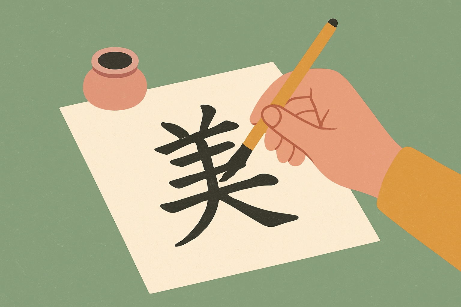 習字で漢字一文字を書く手元のイメージ（北欧イラスト風）