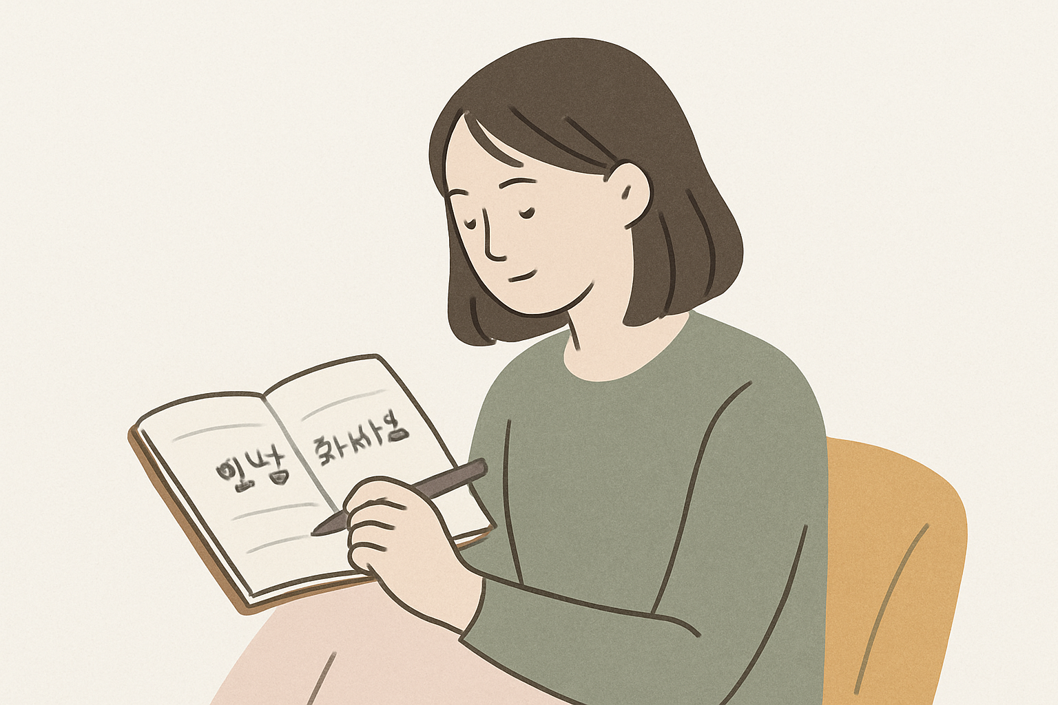 韓国語のフレーズを手帳にメモしている女性のイメージ