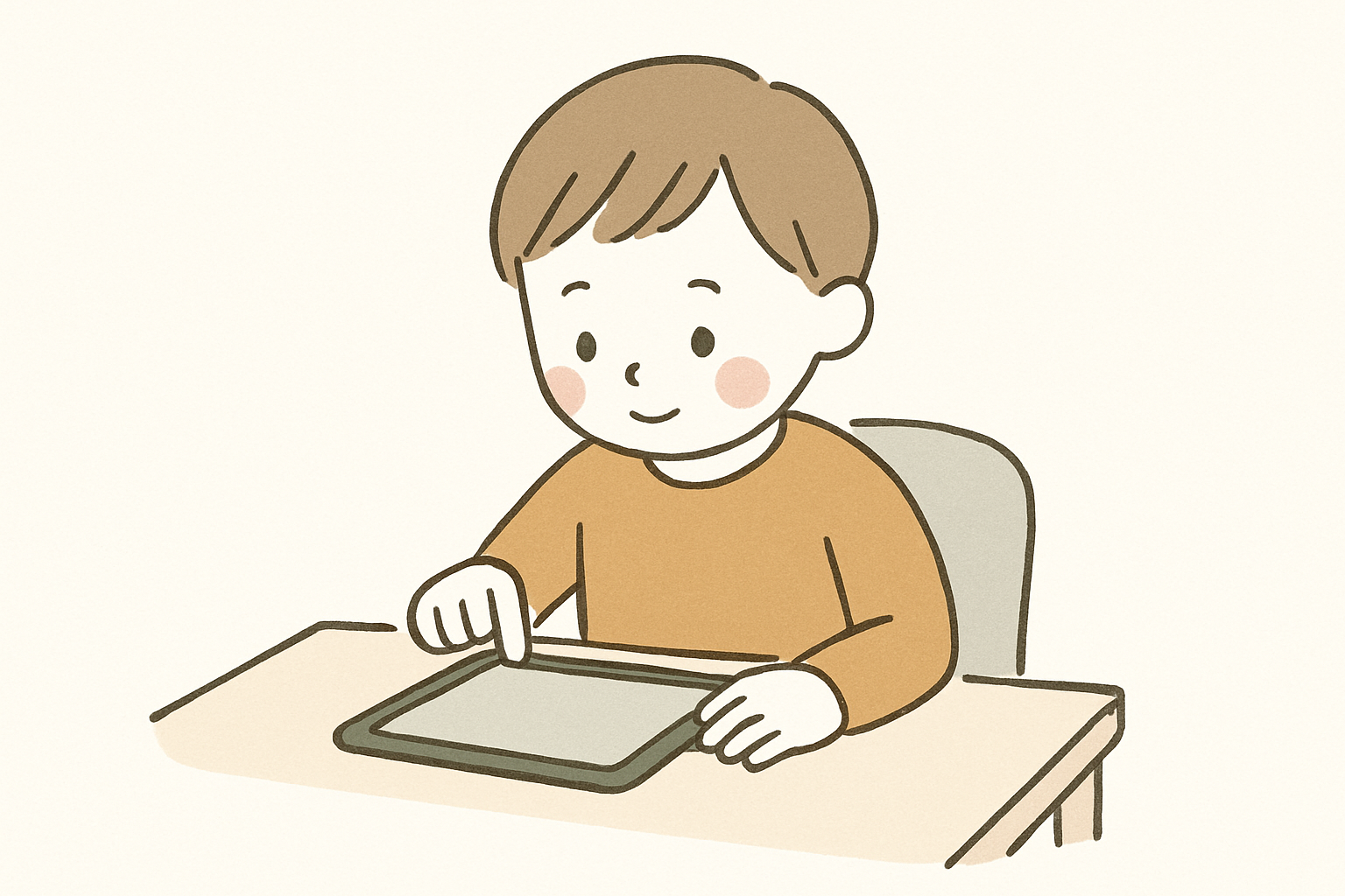 タブレットで学ぶ子どものイメージ(北欧イラスト風)