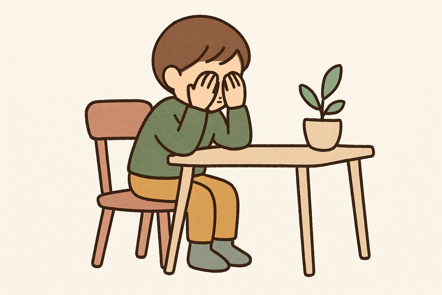 目を休める・姿勢を正す子どものイメージ(北欧イラスト風)