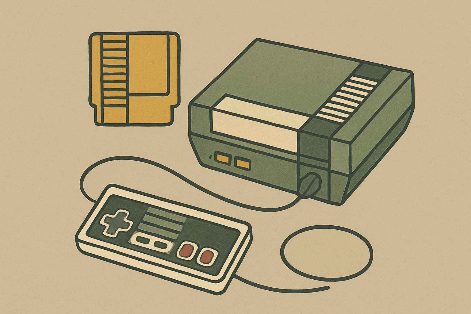 ファミコン本体とカセットの懐かしいイメージ(北欧イラスト風・くすみカラー)