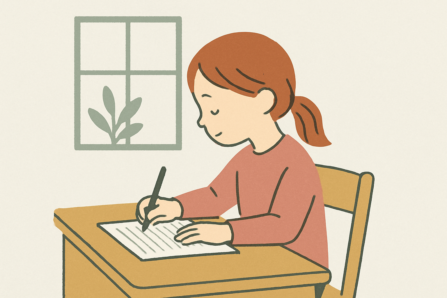 机で原稿用紙に向かって卒業文集を書く小学生のイメージ