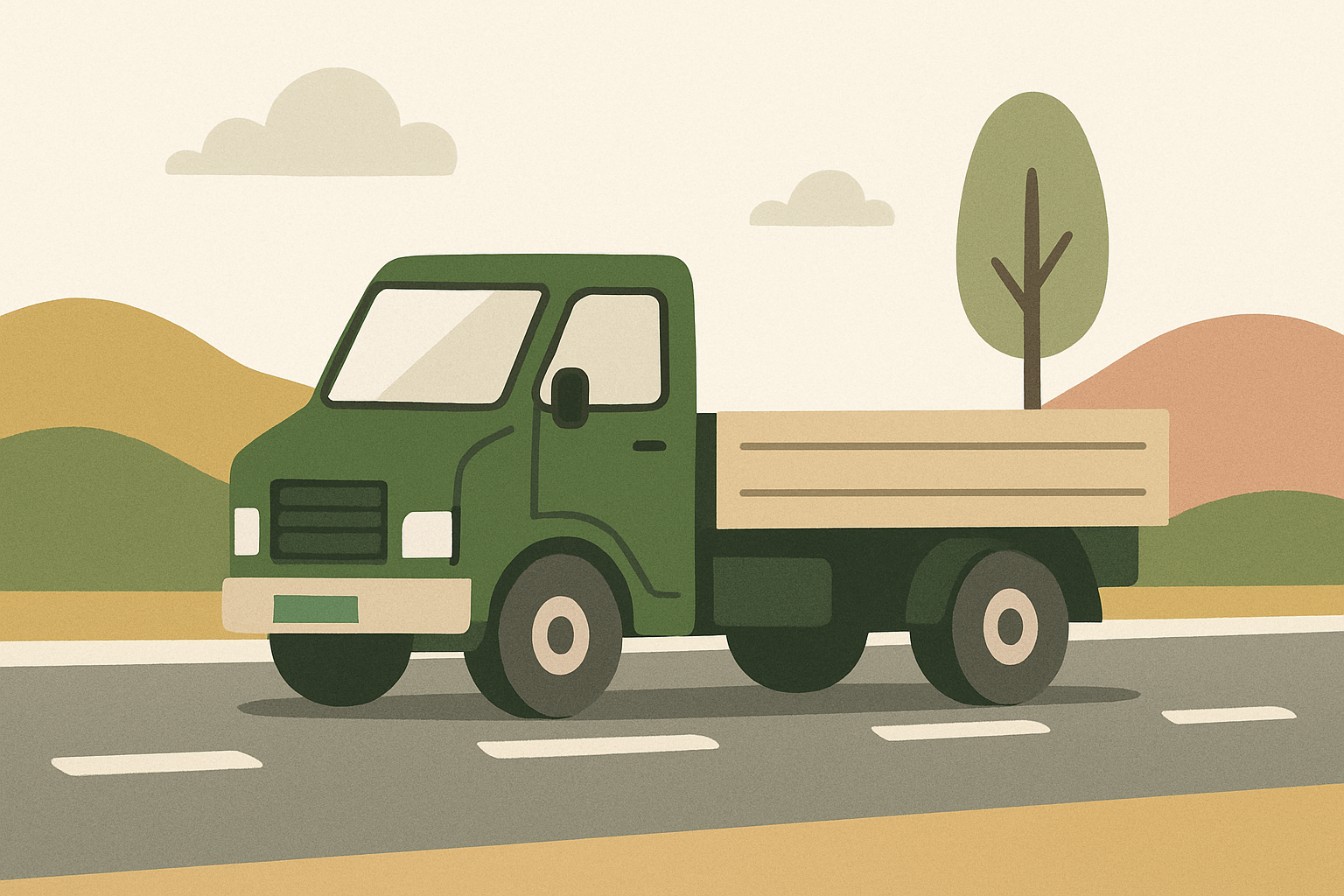 緑ナンバーを付けたトラックが道路を走っているイメージ