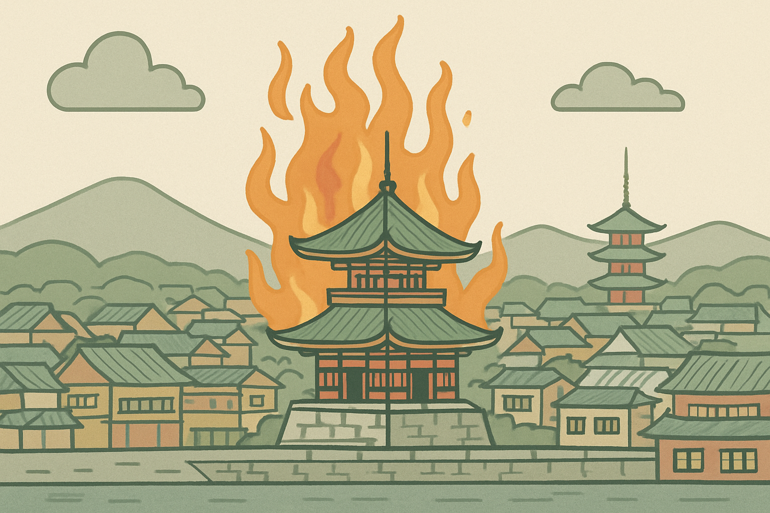 燃える本能寺と京都の街並みをイメージした歴史的なイラスト