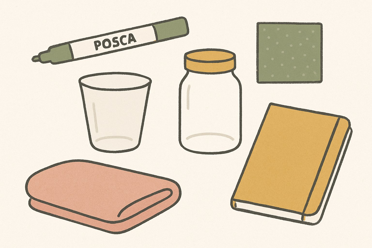 ポスカのペンと、プラスチックのコップ・ガラス瓶・布・ノートが並んだ北欧イラスト風のイメージ