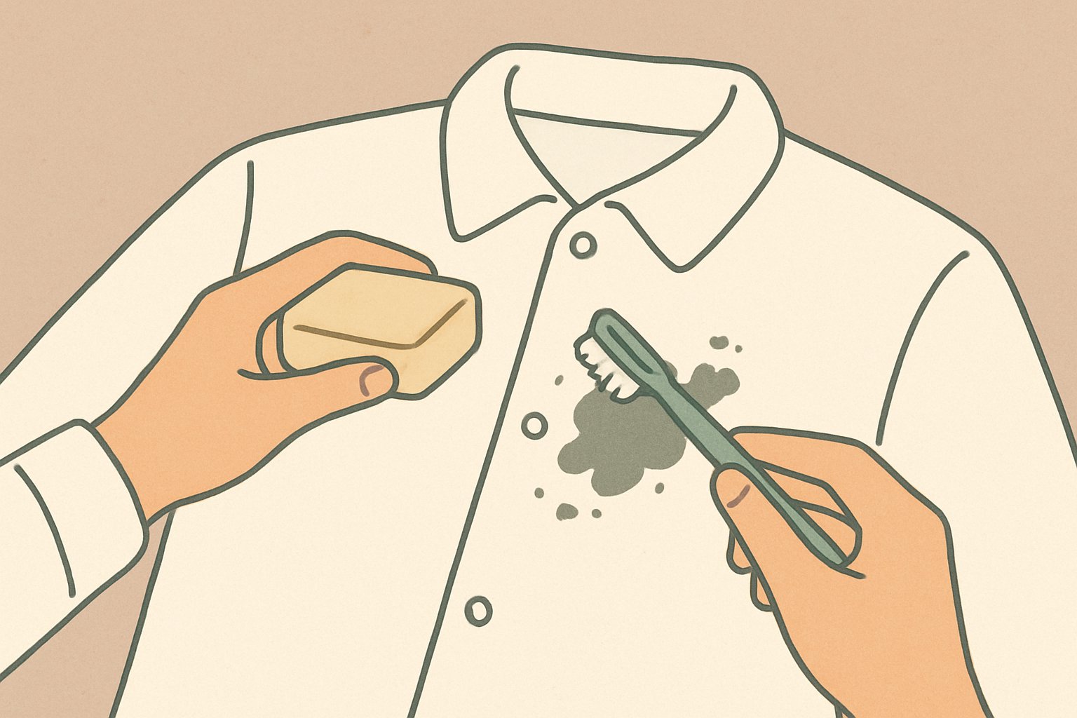 白いシャツのインク汚れに歯ブラシと固形石けんで作業している北欧イラスト風の手元