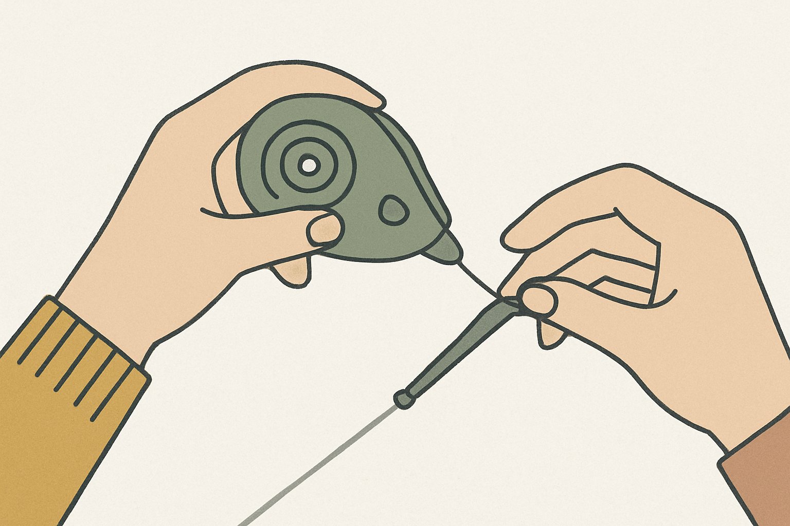 クリップの先で修正テープの巻き戻しボタンを回してたるみを直している手元のイラスト