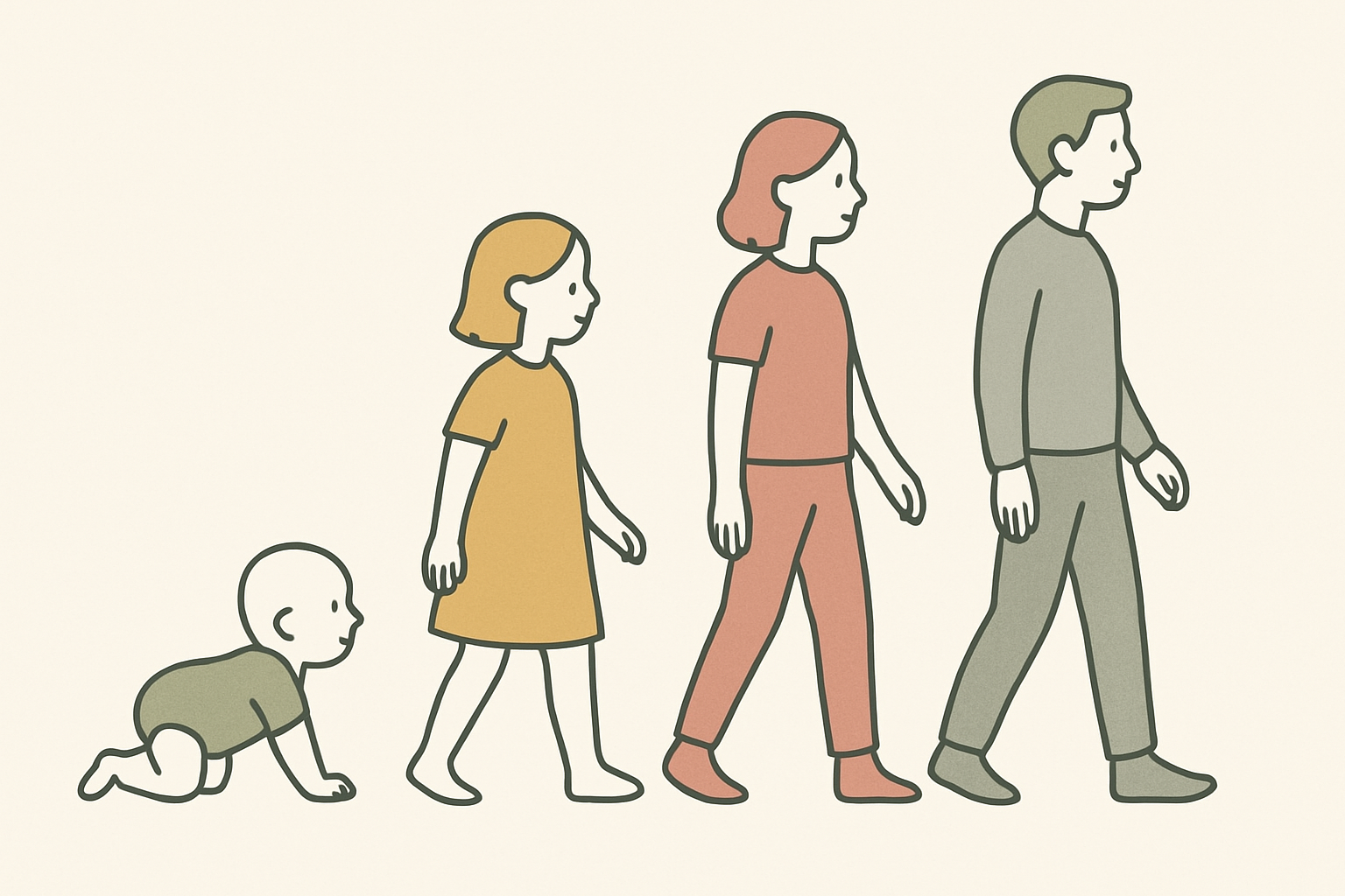 成長の段階を表す、子どもから大人への移り変わりをやさしく描いたイラスト