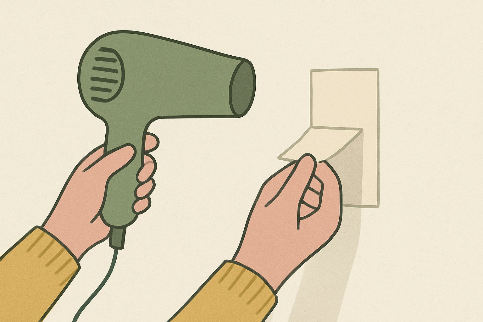 ドライヤーの温風を当てながら壁の両面テープをゆっくりはがす手元のイラスト